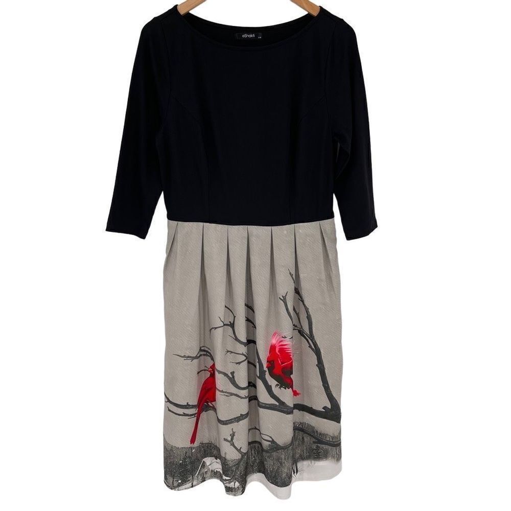 eShakti Mixed Media Midi Dress Cardinal Landscape Black Gray Women Large 12